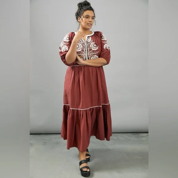 Anthropologie Burgundy Embroidered Midi Dress - Picture 5 of 9